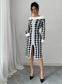 SHEIN Unity 几何印花露肩开衩优雅长袖毛衣连衣裙 - 彩色 - 查看 3
