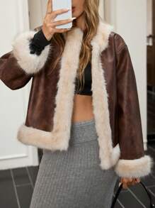 Femmeiva Women's Vintage Distressed Oversized Fur Coat, Mob Wife Style, Autumn/Winter Fall Cloth For Women - Rust Brown - View 1
