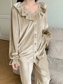 DAZY 女士纯色天鹅绒荷叶边长袖上衣和裤子睡衣套装 - 卡其色 - 查看 3