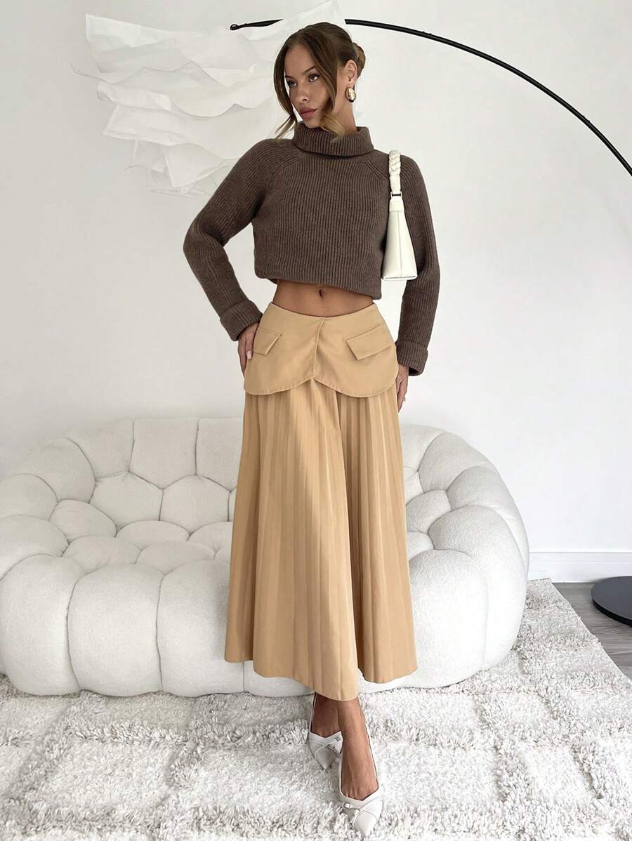 Chiquease 1pc váy xếp ly màu trơn thanh lịch cho nữ - Màu Khaki - Xem 1