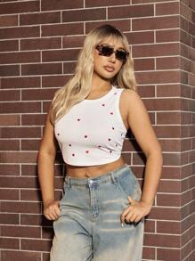 SHEIN EZwear Áo ba lỗ hở vai họa tiết trái tim đa năng cỡ lớn thường ngày - trắng - Xem 7