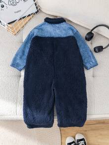 1 bộ đồ liền thân bằng vải denim dệt kim ấm áp, thoải mái, tay dài, có cổ, chắp vá, dành cho bé trai, thích hợp cho các buổi đi chơi, đi học, tụ tập hàng ngày, mùa thu/đông - Màu xanh lam - Xem 2