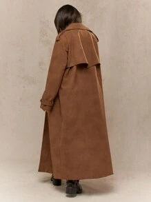 MISSGUIDED Classic Oversized Double-Breasted Suede Trench Coat With Belt Long Jacket Windbreaker Fall Winter Outerwear Daily Office Wear - Brown - View 2