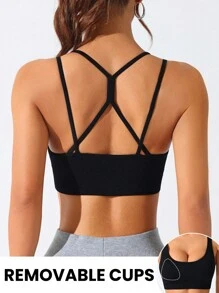 SHEIN Sports Regata Esportiva Cropped Preta Sem Costura Simples - Preto - Visão 1