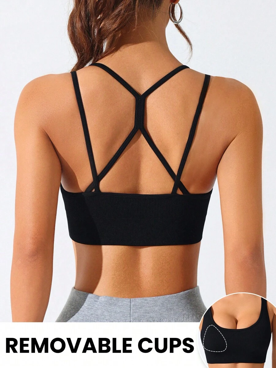 SHEIN Sports Regata Esportiva Cropped Preta Sem Costura Simples - Preto - Visão 1