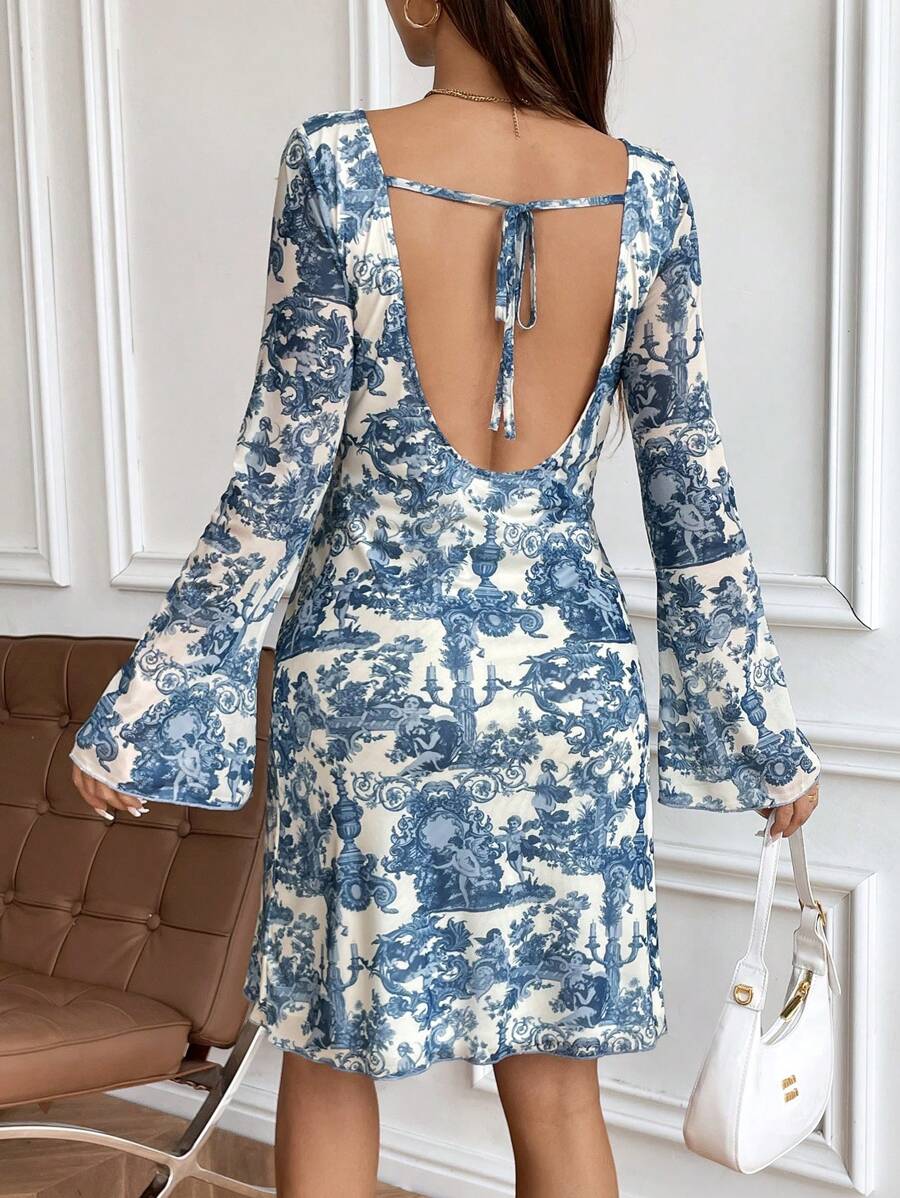 SHEIN Maternity Early Autumn Print Flared Sleeve Backless Mesh Dress - Blue and White - View 1