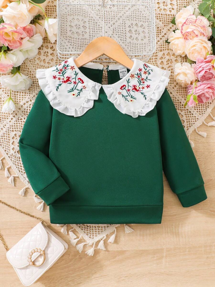 SHEIN Young Girl Casual Embroidered Peter Pan Collar Long Sleeve Sweatshirt, Burgundy, Autumn - Green - View 1
