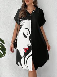 SHEIN LUNE Stil cămașă Portret de buze roșii și profil, cu nasturi, cu mânecă scurtă, guler, contrast, rochie de mărime mare, pentru vară