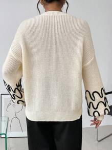 SHEIN Clasi Women Casual Daily Loose Fit Lantern Sleeve Embroidered Knit Sweater, Autumn/Winter - Beige - View 2