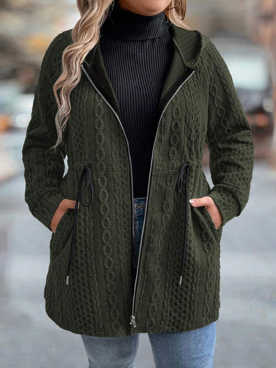 SHEIN LUNE 秋季大码女式休闲纯色抽绳腰部拉链连帽外套