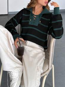 EURMUSE 女士条纹图案前系带领套头衫 - 彩色 - 查看 5