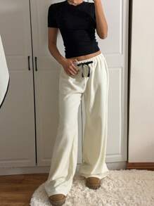 SHEIN EZwear 女式纯色羊毛长裤，秋冬款 - 杏色 - 查看 6