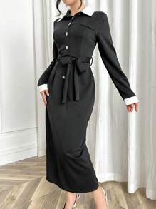 Modelyn Women's Black & White Color Block Elegant Knee-Length Bodycon Long Sleeve Dress, Work Wear Long Evening Dresses - Black - View 4