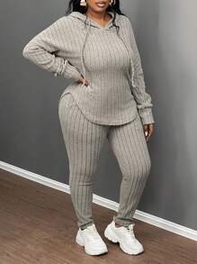 Slaydiva Set de 2 piezas Conjunto de sudadera con capucha elástica acanalada de terciopelo verde oliva y pantalones jogger de talla grande, para otoño/invierno