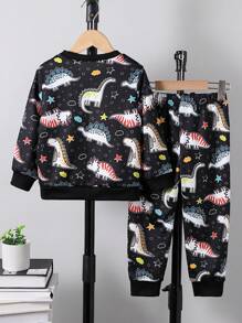 Conjunto de sudadera de cuello redondo con estampado de dinosaurios y pantalón jogger de cintura elástica informal para niño, para primavera/otoño