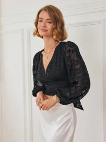 SHEIN Unity Women Elegant Solid Color Cut-Out Lantern Sleeve Cropped Blouse, Autumn Fall Cloth For Women - Black - View 5