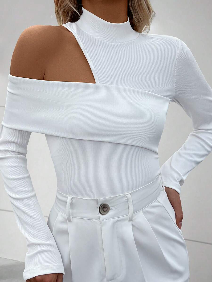 SHEIN Clasi Women's Solid Ribbed Knit Stand Collar Hollow Out Long Sleeve T-Shirt - White - View 1