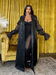 Slaydiva Trench-coat haute gamme en satin transparent pour femmes grandes tailles, pour l'automne - Noir - Voir 6