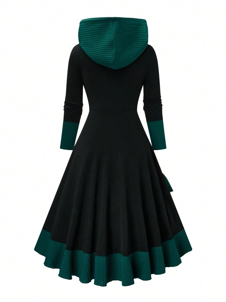 SHEIN LUNE Robe mi-longue casual à capuche simple pour femme, avec fermeture à glissière frontale et patchwork de couleur unie - Multicolore - Voir 2