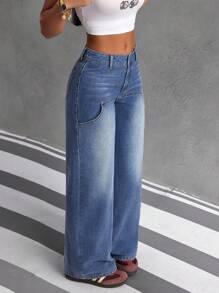 SHEIN EZwear Women Casual Distressed Patchwork Loose Straight Leg Jeans - Blue - View 5