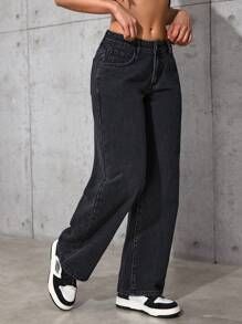 SHEIN PETITE Quần jeans ống đứng đơn giản, màu trơn, túi xéo, thoải mái, phù hợp với mọi hoạt động thường ngày dành cho nữ, mùa xuân thu - màu đen - Xem 5