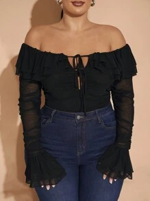 SHEIN BAE Plus Size Fall Elegant Going Out Sexy Party Woman Black Mesh Strapless Off Shoulder Ruffle Tube Top Sexy Front Center Tie Ruffle Cuffs Gathered Bodysuit Sweet Bodysuit Party Bodysuit Wedding Guest Bodysuit Halloween Outfit Christmas Outfit Birthday Party Outfit