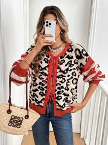 SHEIN Frenchy 女士休闲豹纹拼接条纹灯笼长袖系带毛衣开衫，秋冬，新年女士圣诞节红色猎豹情人节 - 紅色 - 查看 6