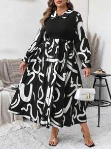 SHEIN Unity Vestido de manga larga con cuello vuelto, parches de punto acanalado y estampado, talla grande - Multicolor - Ver 7