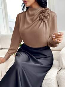 Modelyn Blusa casual de mujer de unicolor con decoración floral 3D de manga larga