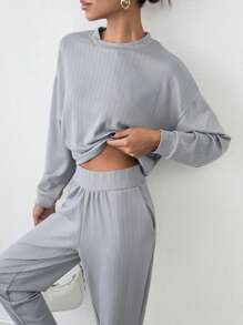 SHEIN Tall Two-Piece Modal High Quality Comfortable Loose Fit Top Ans Pants Set - Grey - View 5