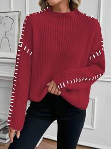 SHEIN LUNE Nowy sweter z długim rękawem i półgolfem na jesień/zimę, luźny i swobodny, z charakterystycznym wzorem