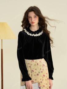 Simple Retro Women's Autumn And Winter Casual Small Collar Collision Splicing Black Retro Elegant Fit Long-Sleeved Shirt