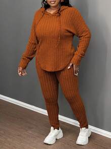 Slaydiva 大码休闲橄榄绿色罗纹针织弹力连帽长袖修身裤两件套，秋冬装 - 棕色 - 查看 3