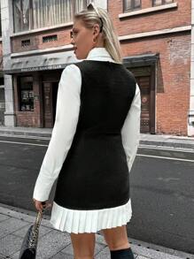 SHEIN Unity Vestido corto plisado con patchwork de tweed para mujer - Blanco y Negro - Ver 2
