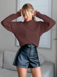 EURMUSE Women Solid Color Diamond Pattern Turtleneck Pullover - Coklat - View 2
