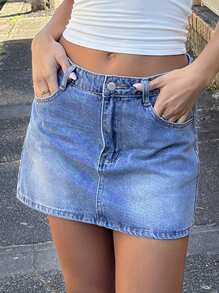 Women Solid Color Slim Pocket Casual Versatile Denim Mini Skirt - Light Wash - View 8