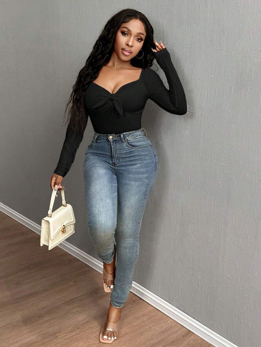 SHEIN SXY Red Rib Knit Top With Square Neckline And Tie Waist, Long Sleeve T-Shirtbasic Tees - Black - View 1