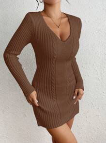 Chiquease 女式纯色 V 领长袖简约短款休闲毛衣连衣裙