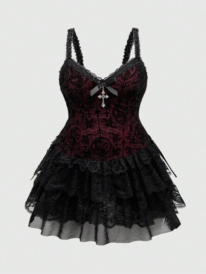 Goth Vestito corto da donna in stile vintage e grunge, con sottile arricciatura, decorato con croce e fiocco floccati, adatto per il Capodanno