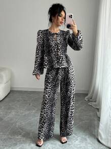 INAWLY 2 件套女士宽松系带蝴蝶结豹纹衬衫和裤子套装 - 彩色 - 查看 1