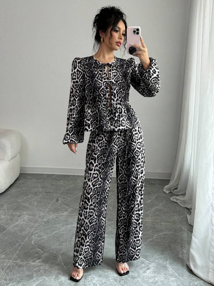 INAWLY 2 件套女士宽松系带蝴蝶结豹纹衬衫和裤子套装 - 彩色 - 查看 1