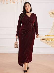 Modelyn Burgundy Red Plus Size Women V-Neck Long Sleeve Glitter Pleated Maxi Elegant Dress - Burgundy - View 8