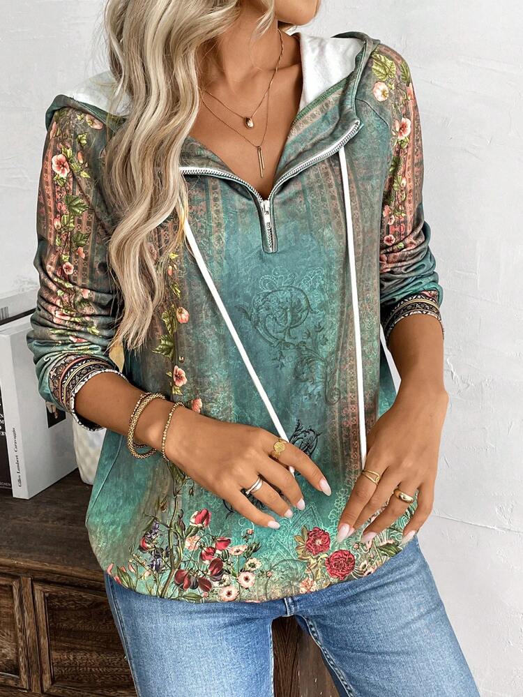 Women's Casual Retro Floral Print Drawstring Hoodie, Autumn