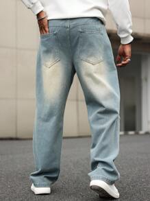 Manfinity Homme Men's Plus Size Casual Straight Leg Washed Denim Jeans, Plain Wide Jeans Long Distressed Baggy Light Blue Cargo Jeans, For Husband, Boyfriend Gifts - Blue - View 2