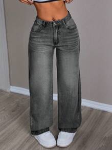 SHEIN PETITE Women Casual Washed Straight Leg Jeans, Suitable For Spring And Autumn - Dark Grey - View 4