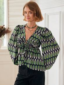Almamuse Dames V-hals allover print blouse met strik aan de voorkant en lange mouwen