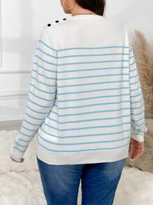 SHEIN Frenchy Plus Size Striped Print Round Neck Long Sleeve Casual Pullover Sweater - Blue and White - View 2