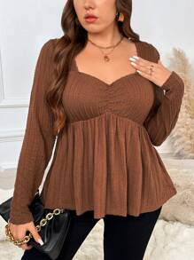 SHEIN Frenchy Plus Size Simple Solid Color Textured Sweetheart Neck T-Shirt, Casual For Autumn - Brown - View 2