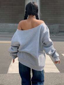 Muchica 纽约校园蓝色露肩宽松休闲长袖女式运动衫，秋冬款 - 淺灰色 - 查看 2