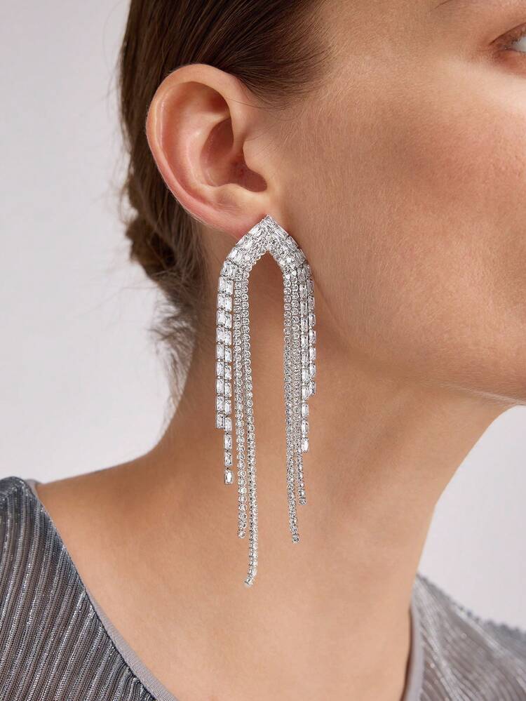 1 PAIR ELEGANT LONG TASSEL DROP EARRINGS, SILVER COLOR, WOMEN EVENING JEWELRY